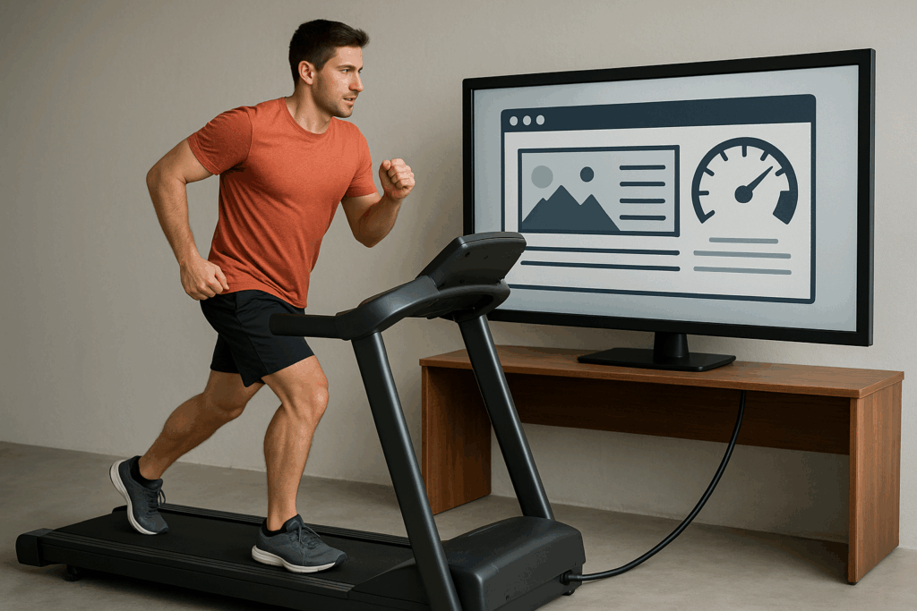 Zdjęcie przedstawia mężczyznę biegnącego na bieżni podłączonego do komputera sugerujące przyspieszenie